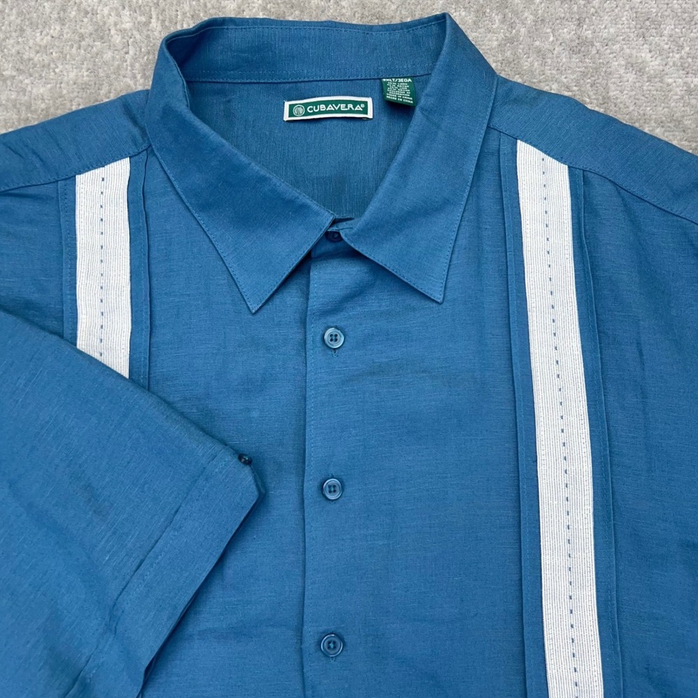 CUBAVERA Men's 3XLT Guayabera Shirt Short Sleeve Linen Blend Embroidered Blue